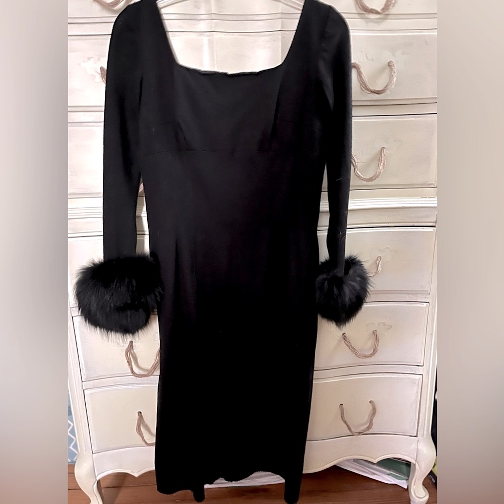 Vintage 1940s Black Wool Pencil Knee Length Square Neck Real Fur Cuffs